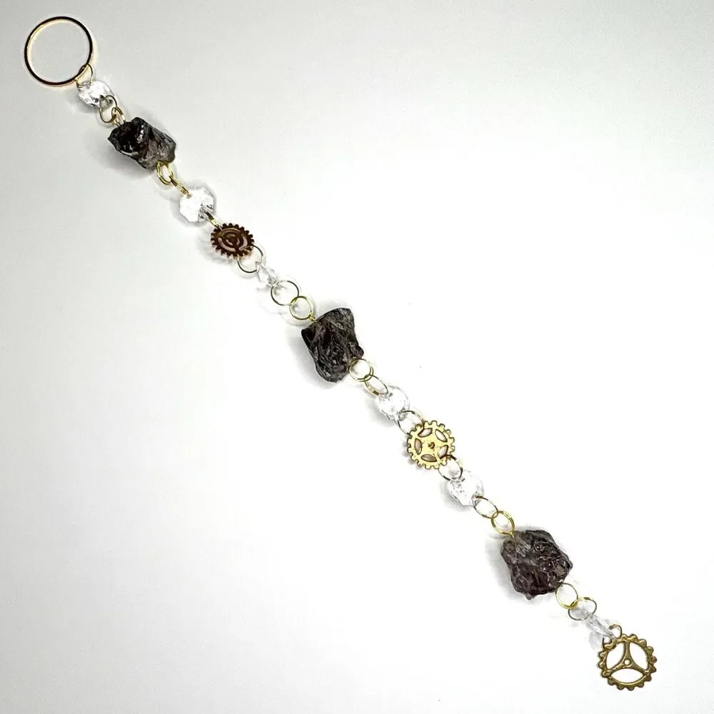 Raw Smoky Quartz Hanging | Steampunk Gear Charm | Grounding Stone Stress Relief